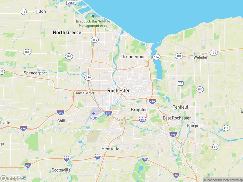 Map of Rochester, New York in Monroe County