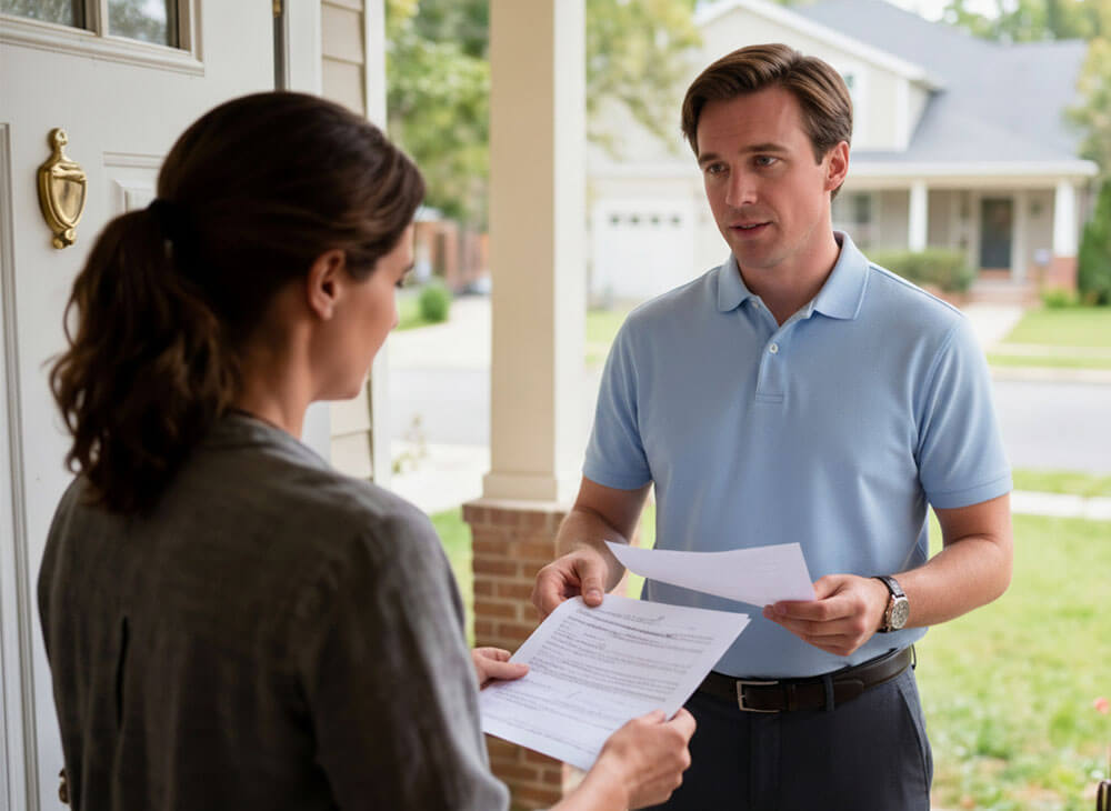 A process server handing papers to a woman at her front door