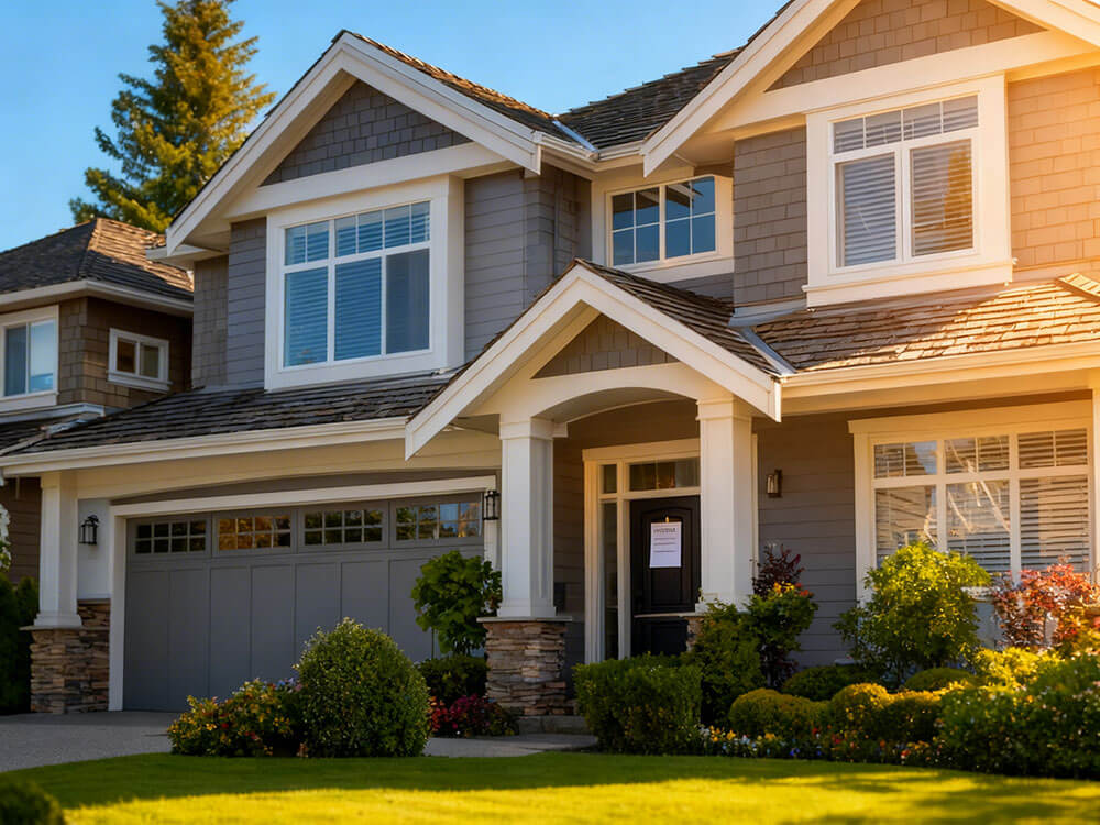 A foreclosure notice posted on the front door of a house